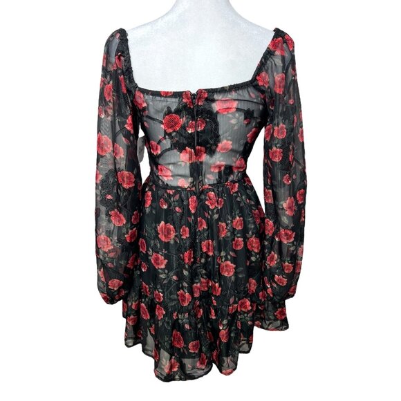 Altard State Floral Puff Long-Sleeve Mini Dress XS Black & Red - Picture 2 of 14